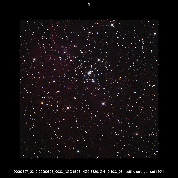 20090827_2310-20090828_0033_NGC 6823, NGC 6820, GN 19.40.3_03 - cutting enlargement 150pc.JPG -  Vul Newton d 309,5 / af 1623 & Coma Corrector CANON-EOS5D (AFC-Filter) 800 ASA no add. filter 5 light-frames 360s, 3 light-frames 240s, auto dark, 5 flat, 10 bias DSLR-Timer, Guidemaster, DSS, Canon-RAW-Image, Adobe-PS-CS thin upper fog  